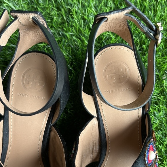TORY BURCH Estella Wedge Black Beaded Strappy Sandals size 5.5 - Picture 8 of 10